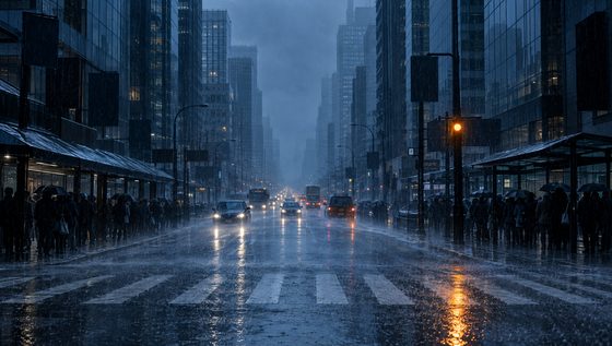 A rain-hammered glass avenue at dawn, crowds sheltering as silhouettes