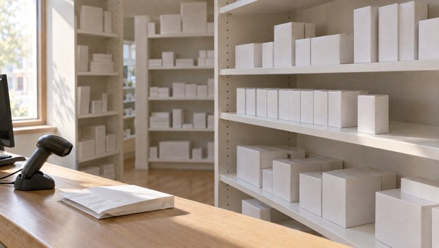 A pharmacy shelf of plain white boxes, a scanner and a paper bag