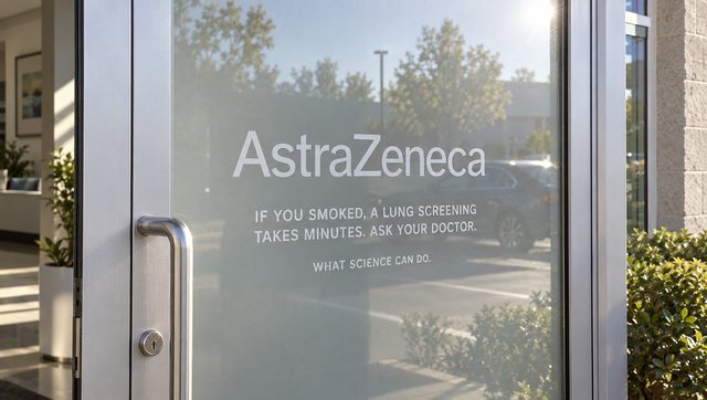 A frosted clinic door with the AstraZeneca wordmark etched in it