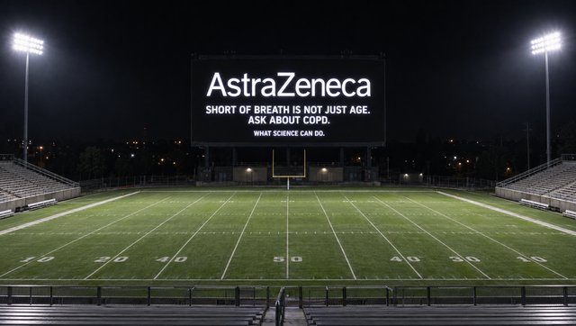 The scoreboard lit with the AstraZeneca wordmark and the line