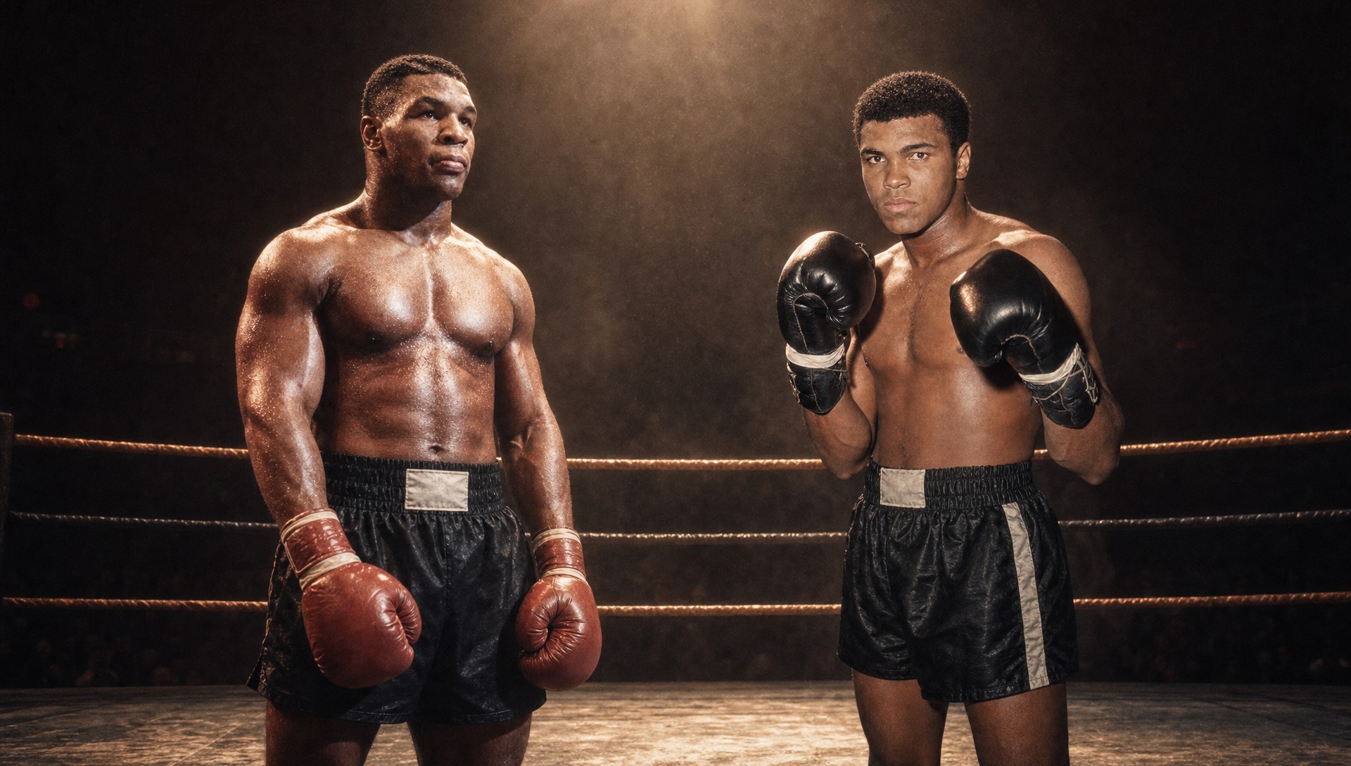 Prime Ali and prime Tyson standing in one ring under one light