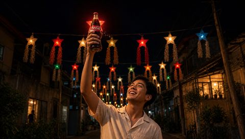 The Toast: the bottle raised inside a red star lantern on a lit street