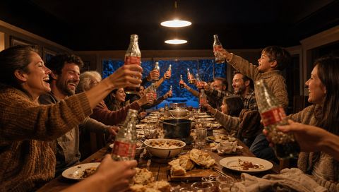 The Table: the homecoming table, every bottle raised at once