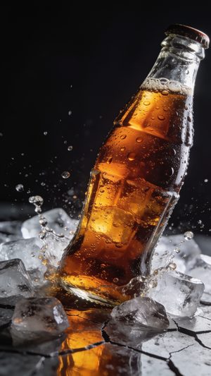 Ice-Cold Refreshment: macro condensation, glinting glass, slow fizz