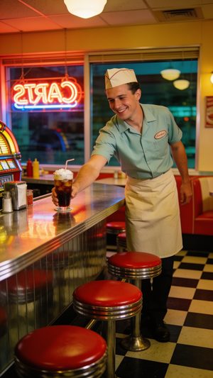 Retro Americana: a 1950s soda fountain, chrome, neon, jukebox