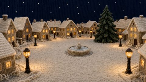 The Town: the knitted square under wool snow, the lit houses, the tree