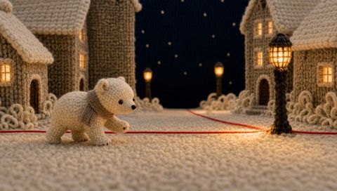 The Cub: the wool cub following one red thread past the lamp post