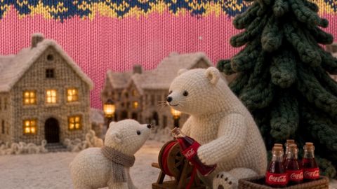 The Family: the bears at the sled with the crate of bottles, dawn as knit rows