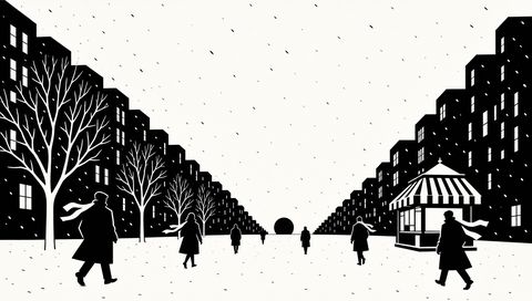 The Street: the ink city in black on paper, a black sun on the horizon, coats crossing