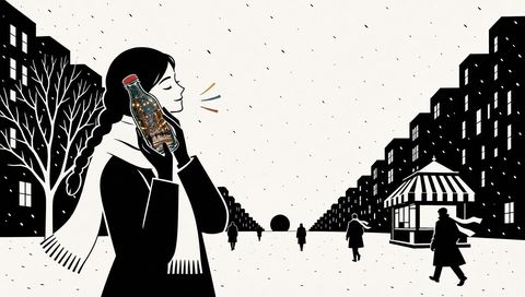 The Listen: the bottle held to her ear, the sound drawn as flecks