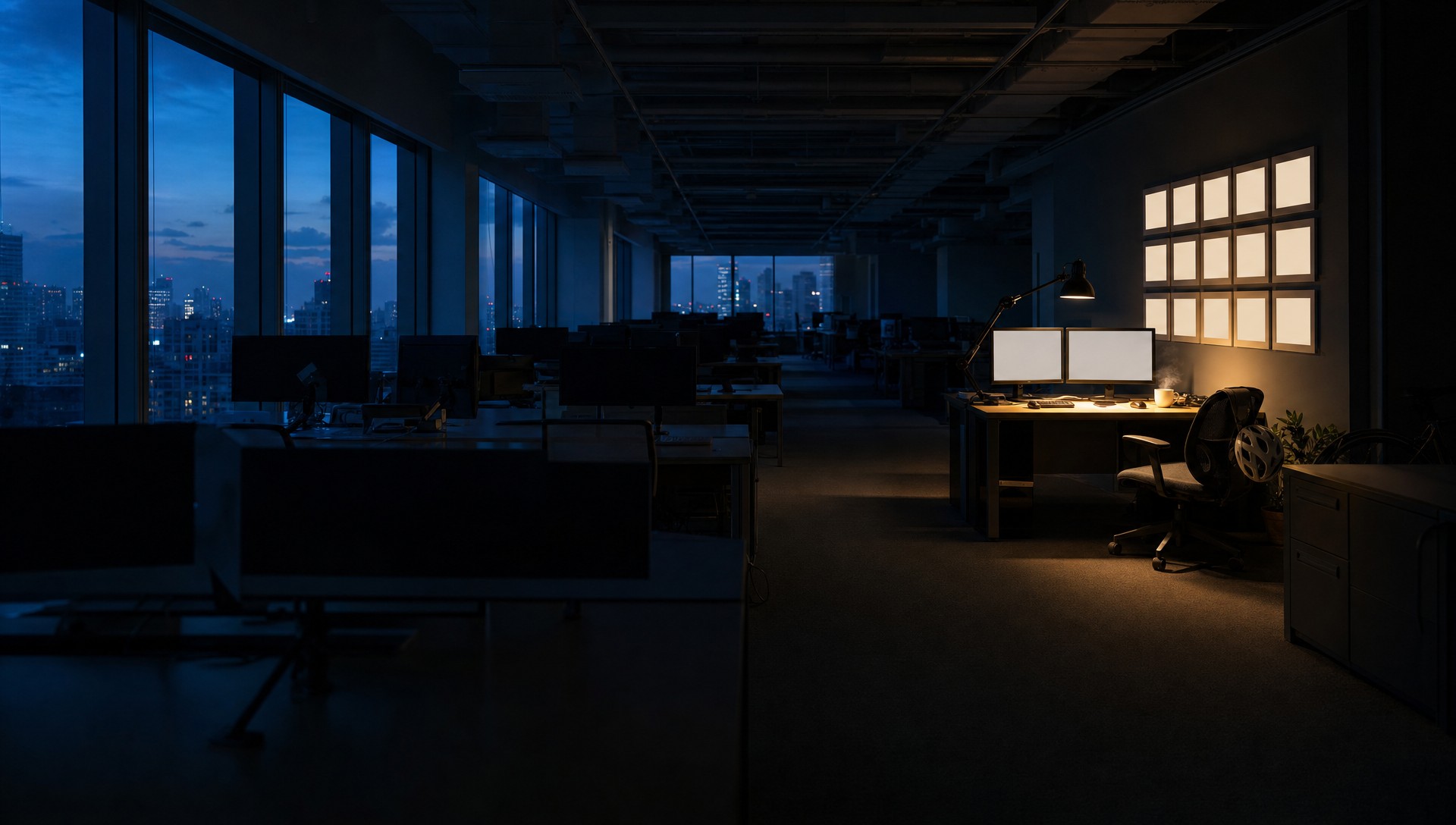 the resident's desk, one lit desk on a dark production floor at blue hour