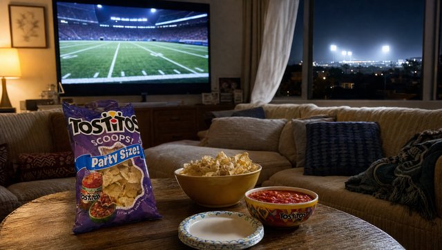 The living room, the window, the stadium glow