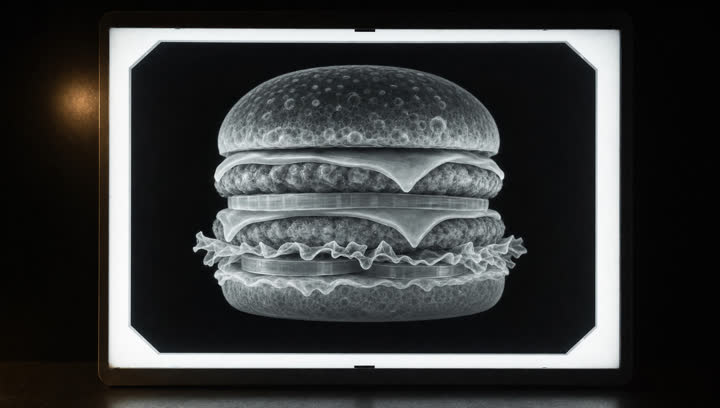 Board, the radiograph of the burger on the lightbox