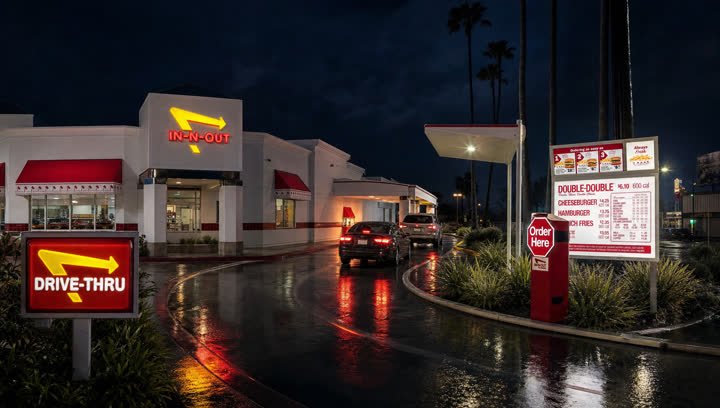 Board, the drive-through lane at night