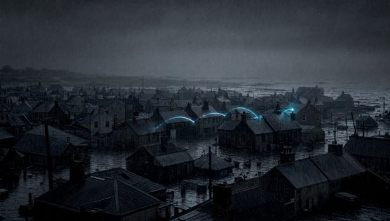A flooded coastal town at night with one cyan signal arcing across the rooftops