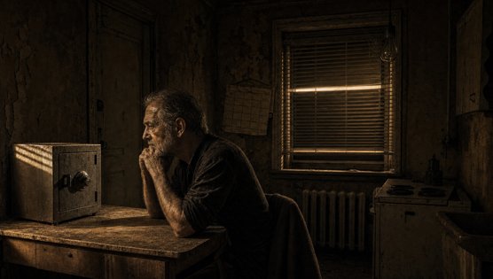 The same apartment thirty years later, the thief grey-haired, the same safe on the table
