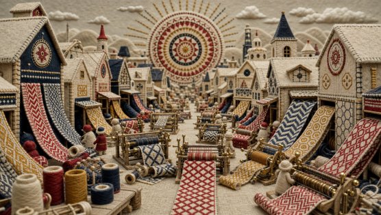 A town made of felt and thread, patterned cloth houses, spools and looms