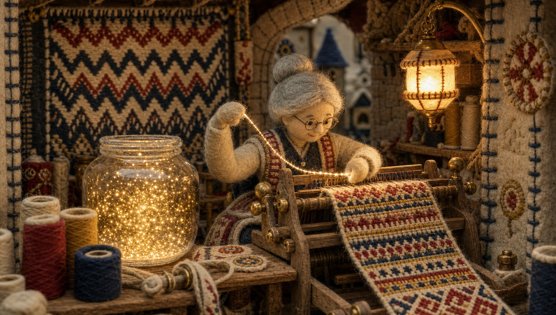A felt weaver at her loom beside a jar of glowing captured light