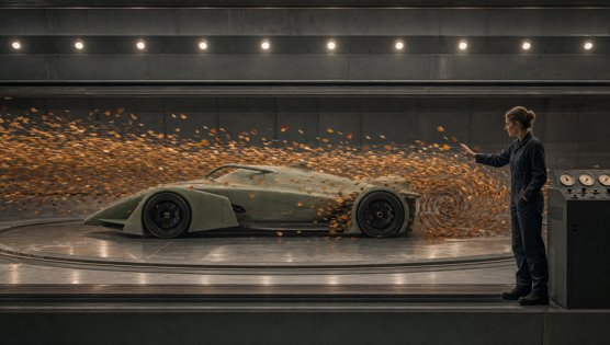 The car inside a wind tunnel full of drifting autumn leaves, one crew member watching