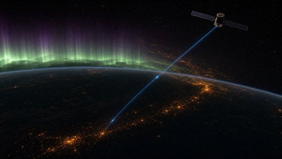 A satellite above the aurora with one telemetry line down to the lit coast