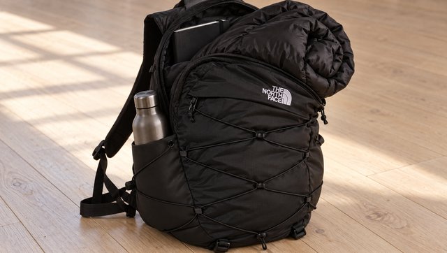 A rolled jacket wedged in the mouth of the pack