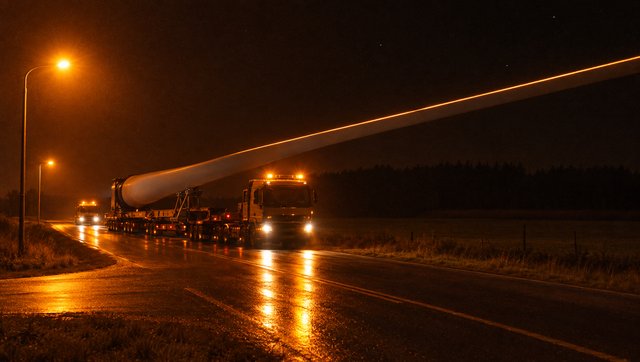 A wind turbine blade on a night convoy under sodium lamps