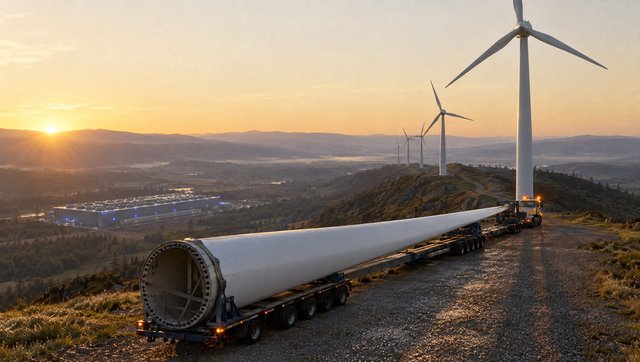 The blade on its trailer at dawn beneath a row of turbines, the data hall in the valley
