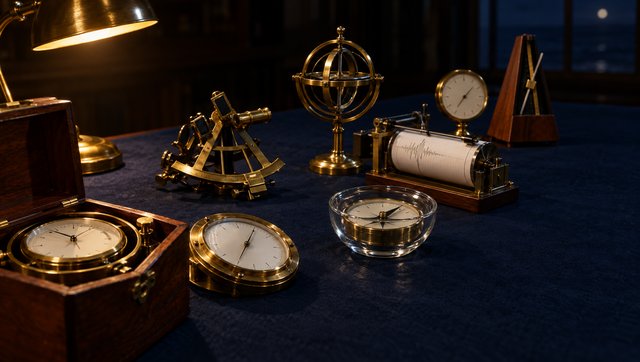 Eight brass instruments on navy baize under one lamp