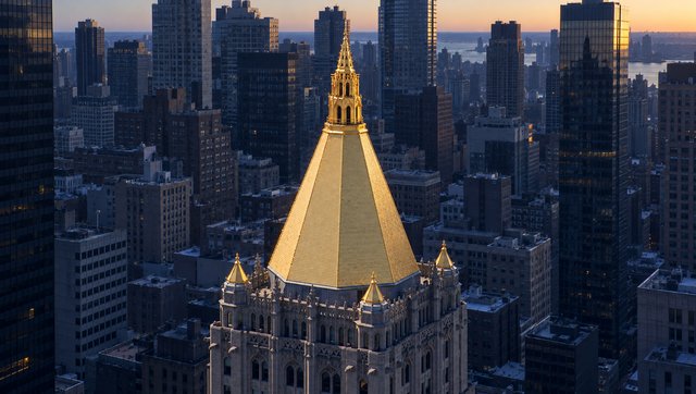 The roof at dawn in 2026, the first light on the gold, the glass towers still dark