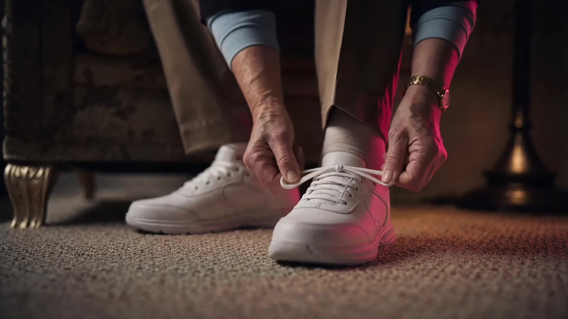 Hands tying the laces of white game-day sneakers beside the couch, from the hero spot