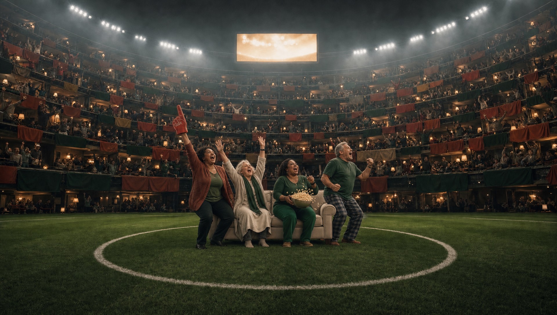 A night stadium whose stands are tiers of glowing living rooms, four fans mid-cheer on a sofa at the center circle