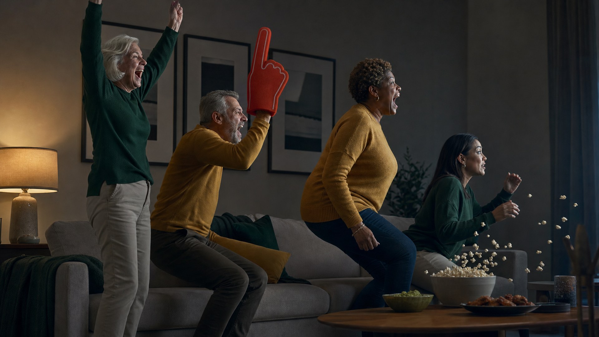 Four fans erupt off a sofa mid-cheer, popcorn frozen in the air, a wing tray tipping and guacamole sliding