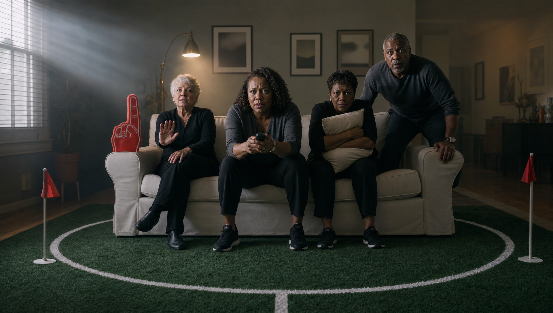 A dusk living room with a chalk boundary ring painted around the couch and corner flags at its ends, four fans watching in silence