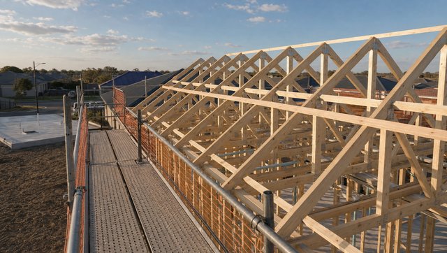 Along the trusses from the scaffold