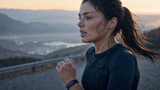 Her face calm mid-run at dawn, one easy breath in the clear morning air