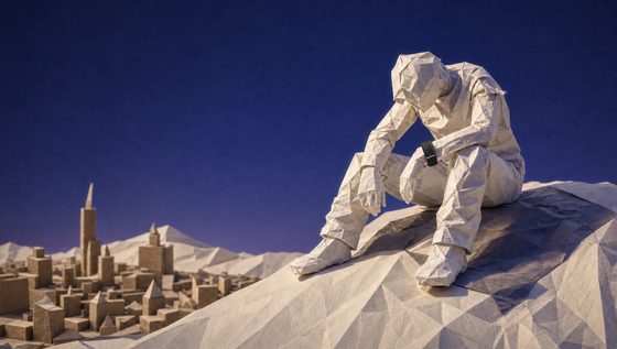 A crumpled paper athlete resting on a paper hill at dusk